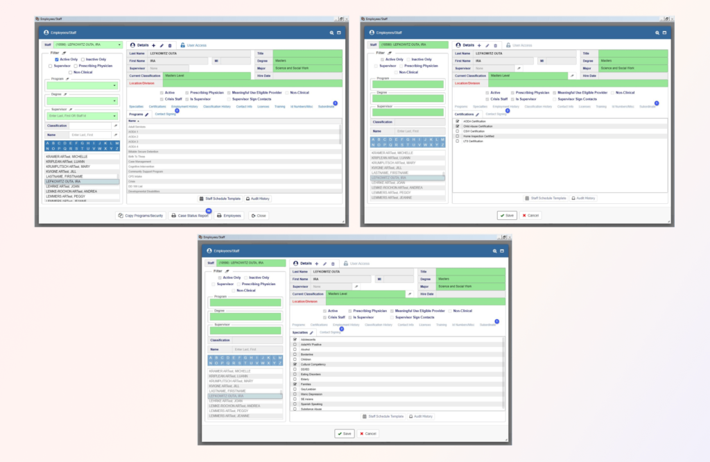 Detailed information about a user is stored in TCM from contact information to certifications to employment history. Managers can keep track of licenses, training, ID numbers, etc. Administrators can control what Programs a user has access to.