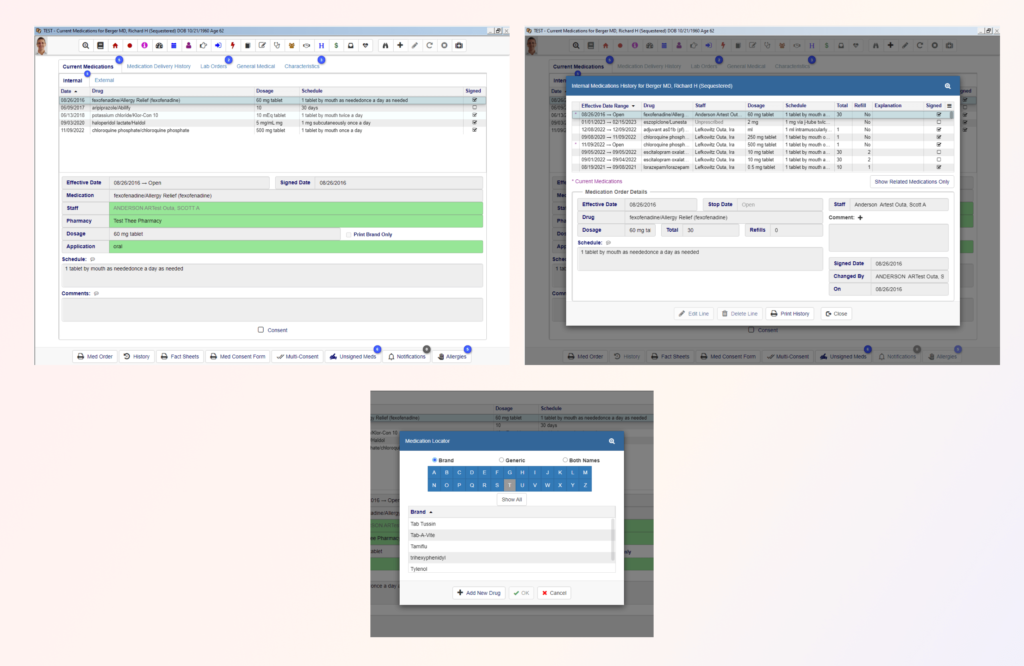 TCM tracks medications prescribed to consumers and as well as their prescription history, consents and allergies. Full ePrescribing is facilitated through an integrated interface with Dr. First. There is no need to leave TCM to electronically prescribe a medication. Dr. First also handles all drug-drug and drug-allergy interaction checking.