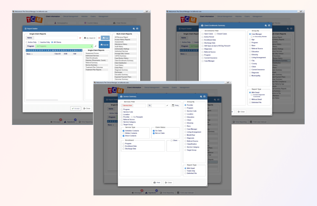A powerful report generator provides customized reports for summary information or statistical data at the push of a button.