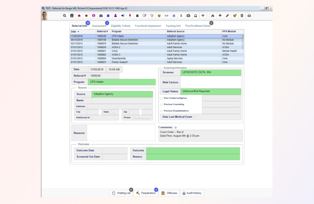 Referral and screening information is stored historically for each consumer.