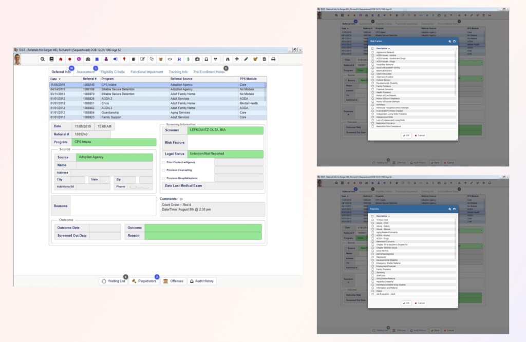User-defined information including risk factors and reasons for referral are linked to the referral record.