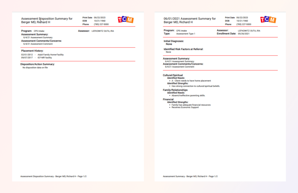 The intake summary report pulls together a variety of information from the consumer's files.