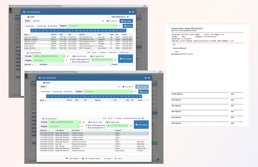 TCM provides users many different ways to locate a contact for a consumer, by first/last name, ID, Program, Service Code, even by the contents of a Progress Note.