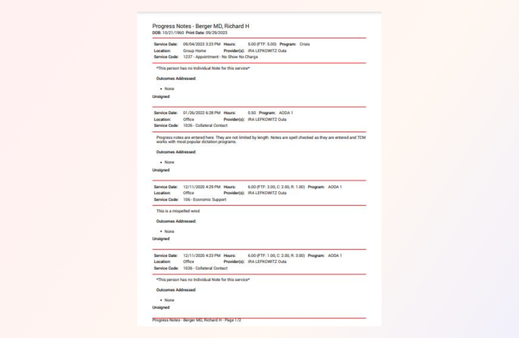 Detailed Progress Notes can be printed for distribution to other clinicians, consumers, family members, etc.