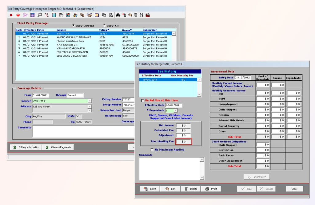 TCM tracks insurance, responsible party and a sliding fee scale for each consumer for claims and billing.