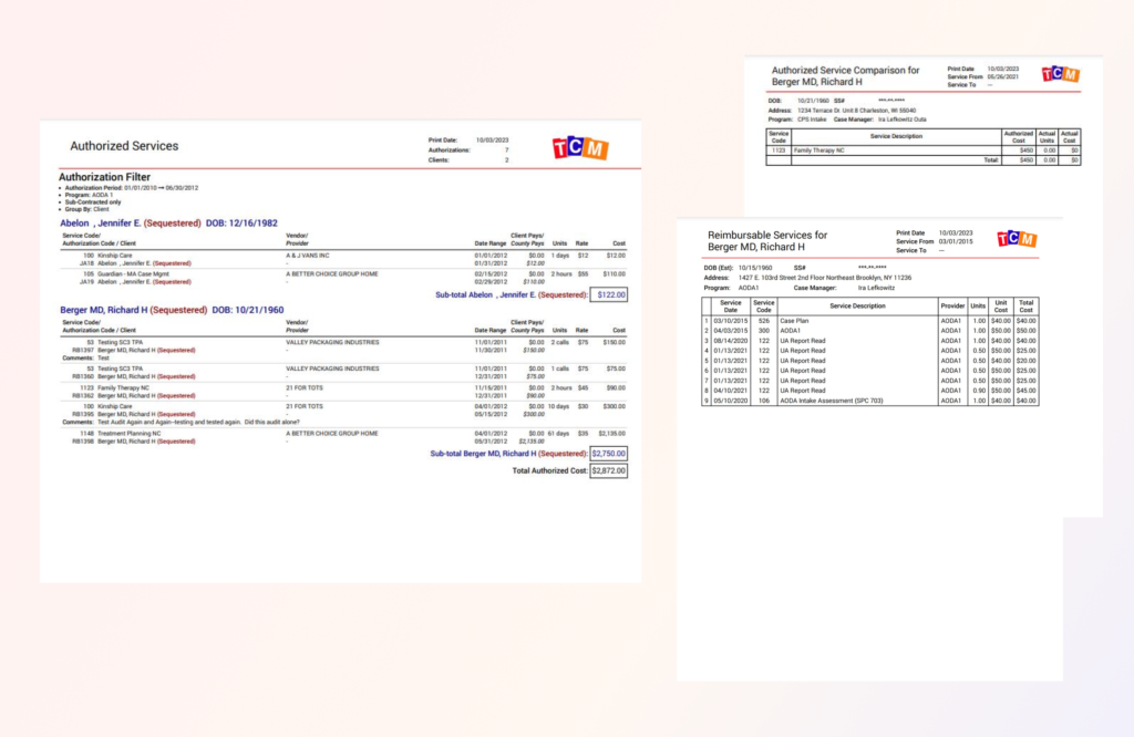 TCM reports on Authorized and Reimburseable services.