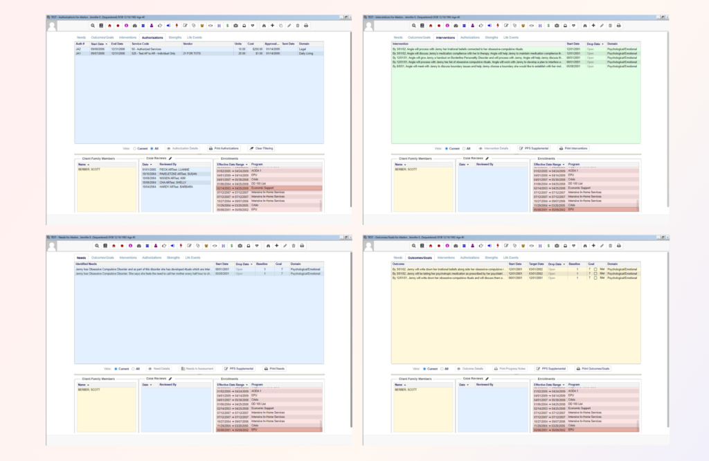 A detailed Plan of Care can be constructed for each consumer, from Needs to Outcomes to Interventions to Authorizations and more.