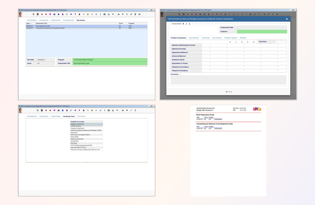 Various screening tools and scores can be stored for each consumer.