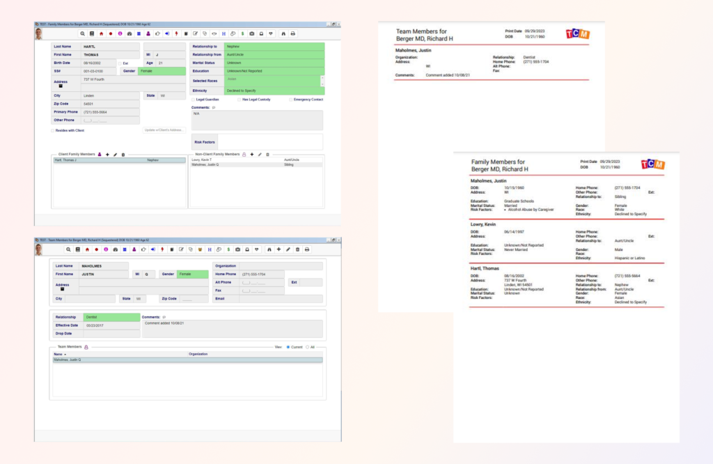 Family members and team members can be tracked to give a full picture of a consumer's family and resources.